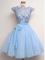 Glamorous Blue Scalloped Neckline Lace and Belt Bridesmaid Dress Cap Sleeves Lace Up