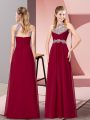 Inexpensive Sleeveless Chiffon Floor Length Zipper Party Dress for Toddlers in Burgundy with Beading and Ruching