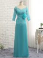 Long Sleeves Chiffon Floor Length Zipper Mother Of The Bride Dress in Aqua Blue with Lace and Appliques and Ruching and Hand Made Flower