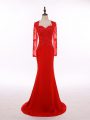 Red Scoop Zipper Lace and Appliques Mother Of The Bride Dress Long Sleeves