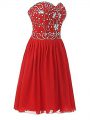 Knee Length Red Club Wear Chiffon Sleeveless Beading
