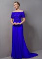 Royal Blue Off The Shoulder Neckline Lace Mother Of The Bride Dress Short Sleeves Zipper