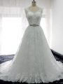 Unique White Sleeveless Brush Train Beading and Lace Wedding Gown