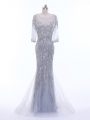 Silver Column/Sheath Tulle Scoop 3 4 Length Sleeve Beading Zipper Dress for Prom Brush Train