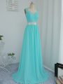 Luxury Aqua Blue Court Dresses for Sweet 16 Prom and Party and Wedding Party with Beading and Lace Scoop Sleeveless Sweep Train Side Zipper