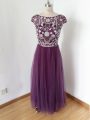 Eggplant Purple Short Sleeves Beading Zipper Prom Homecoming Dress