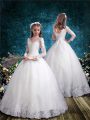 White Lace Up Flower Girl Dresses for Less Lace 3 4 Length Sleeve Floor Length