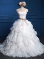 Sleeveless Floor Length Lace and Ruffles Lace Up Wedding Gowns with White