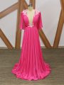 Exceptional Hot Pink Empire V-neck Half Sleeves Chiffon Sweep Train Backless Lace and Appliques and Pleated Oscars Dresses