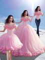 High Class Baby Pink Lace Up Off The Shoulder Hand Made Flower Sweet 16 Dress Tulle Sleeveless Brush Train