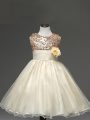 Trendy Tulle Scoop Sleeveless Zipper Sequins and Hand Made Flower Little Girl Pageant Gowns in Champagne