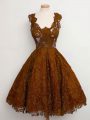 Luxury Brown Sleeveless Lace Knee Length Quinceanera Court Dresses