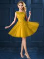 Colorful Gold Tulle Lace Up Bridesmaid Dresses Cap Sleeves Knee Length Lace and Appliques