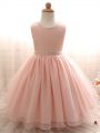 Scoop Sleeveless Little Girls Pageant Dress Floor Length Beading Pink Organza