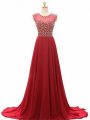 Beauteous Wine Red Lace Up Scoop Beading Prom Evening Gown Chiffon Sleeveless Brush Train
