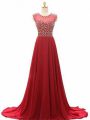 Beauteous Wine Red Lace Up Scoop Beading Prom Evening Gown Chiffon Sleeveless Brush Train
