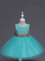 Aqua Blue Tulle Zipper Scoop Sleeveless Knee Length Kids Formal Wear Lace and Bowknot