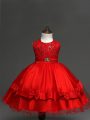 High End Red Little Girls Pageant Dress Wholesale Wedding Party with Lace and Bowknot Scoop Sleeveless Zipper