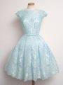 Top Selling Knee Length A-line Cap Sleeves Light Blue Bridesmaid Dresses Lace Up