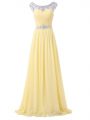 Attractive Light Yellow Backless Oscars Dresses Beading and Ruching Sleeveless Floor Length