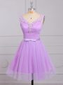 Lilac A-line Appliques and Belt Bridesmaid Dresses Lace Up Lace Sleeveless Mini Length