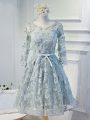 Simple Grey Lace Up Junior Homecoming Dress Lace and Appliques and Belt Long Sleeves Knee Length