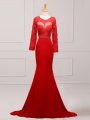 Red Long Sleeves Chiffon Brush Train Zipper Mother Of The Bride Dress for Prom and Military Ball and Sweet 16