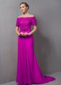 Cute Fuchsia Mother Of The Bride Dress Chiffon Sweep Train Short Sleeves Lace