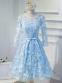 Long Sleeves Organza Mini Length Lace Up Casual Dresses in Light Blue with Beading and Appliques