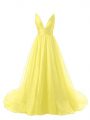 Wonderful Yellow A-line Organza V-neck Sleeveless Ruching Backless Evening Dress Brush Train