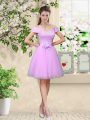 Stunning Lilac Wedding Party Dress Prom and Party with Lace and Belt V-neck Cap Sleeves Lace Up