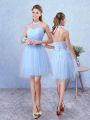Fashionable Ruching Bridesmaid Dress Blue Lace Up Sleeveless Knee Length