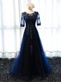 Navy Blue Lace Up Homecoming Dress Lace and Appliques Half Sleeves Floor Length