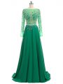 Hot Sale Long Sleeves Beading Backless Prom Gown with Green Brush Train