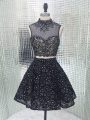 Black Sleeveless Mini Length Beading and Lace and Appliques Backless Evening Dress