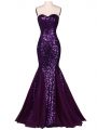 High Class Mermaid Evening Gowns Purple Sweetheart Chiffon and Tulle Sleeveless Floor Length Lace Up