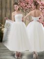 Off The Shoulder Sleeveless Wedding Gowns Ankle Length Ruching White Organza