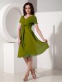 Delicate Olive Green Empire Chiffon V-neck Short Sleeves Ruching Knee Length Zipper Mother Of The Bride Dress