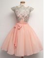 Amazing Peach Chiffon Zipper Scalloped Cap Sleeves Knee Length Bridesmaid Gown Lace and Belt