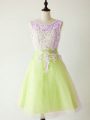 Lovely Knee Length Lace Up Bridesmaid Dresses Yellow Green for Prom and Party and Wedding Party with Lace