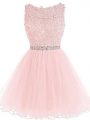 Pink Scoop Neckline Beading and Lace and Appliques and Ruffles Prom Evening Gown Sleeveless Zipper