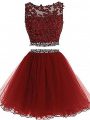 Great Burgundy Zipper Prom Gown Beading and Lace and Appliques Sleeveless Mini Length