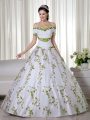 Colorful White Short Sleeves Floor Length Embroidery Lace Up Quinceanera Gown