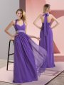 Fantastic Purple Side Zipper Halter Top Beading and Ruching Dress for Prom Chiffon Sleeveless