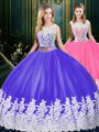 Blue And White Ball Gowns Tulle Scoop Sleeveless Appliques and Embroidery Floor Length Clasp Handle Quince Ball Gowns