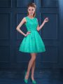 Turquoise Tulle Zipper Scoop Sleeveless Knee Length Quinceanera Court of Honor Dress Lace and Ruffled Layers