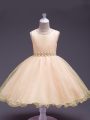 Superior Peach Sleeveless Knee Length Beading Zipper Girls Pageant Dresses