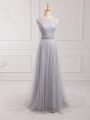 Grey Bridesmaid Gown Prom and Party and Wedding Party with Beading and Lace Scoop Sleeveless Brush Train Zipper