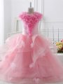 Popular Baby Pink Ball Gowns Ruffles and Hand Made Flower Pageant Gowns For Girls Zipper Tulle Sleeveless Floor Length