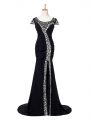 Affordable Black Mermaid Scoop Cap Sleeves Elastic Woven Satin Brush Train Zipper Beading and Ruching Formal Dresses
